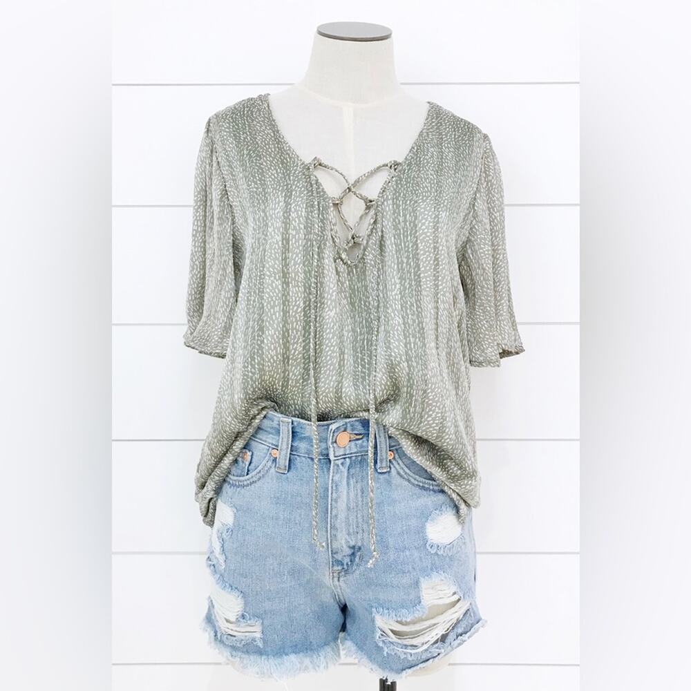 BY TOGETHER | Women's Shimmer Jade Green Blouse Cross Tie Front Top NEW Small